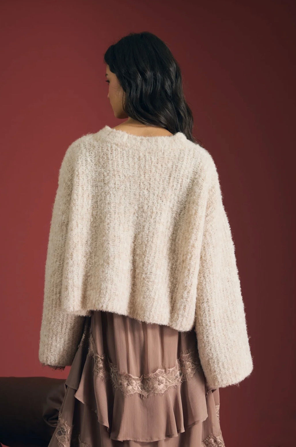 B6FJ1007 FUZZY KNIT BUTTON DOWN BOXY CARDIGAN SWEATER