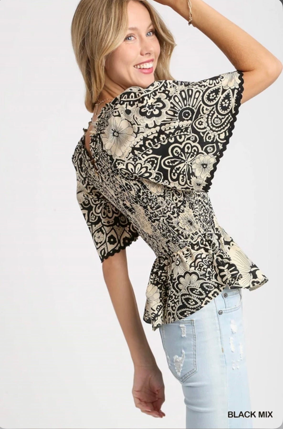 R0683 Two Tone Paisley Print Top- Black Mix