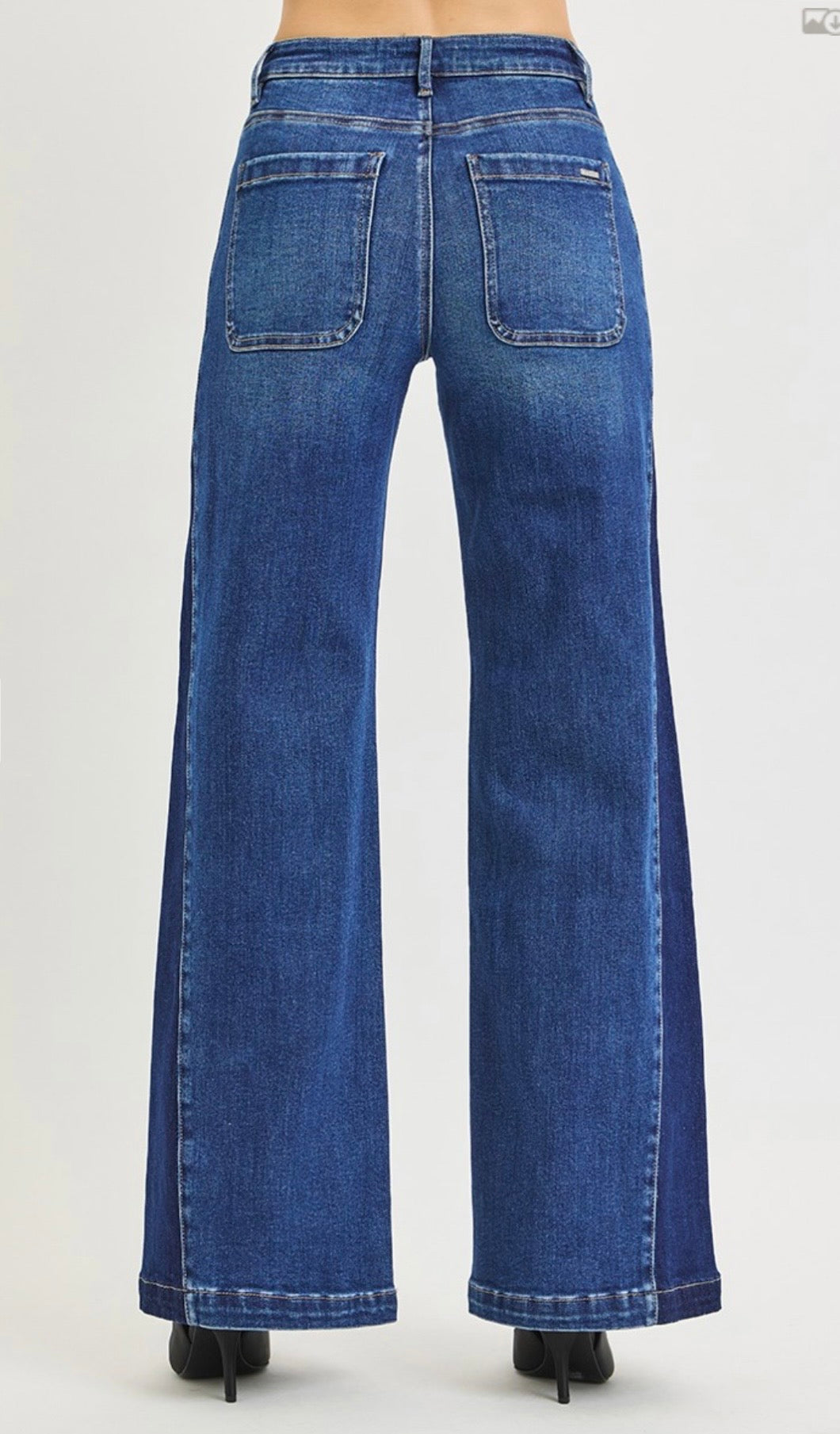 Risen Jeans-High Rise Wide Leg Contrast Side Panel Jeans