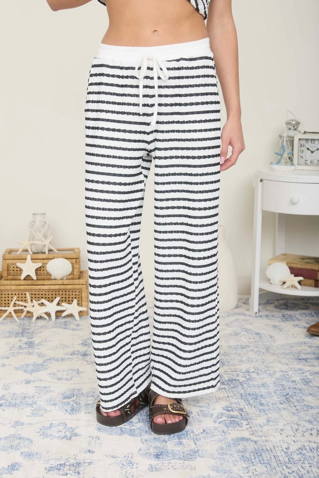 J6SX1017 TEXTURED STRIPE DRAWSTRING WIDE LEG LOUNGE SET