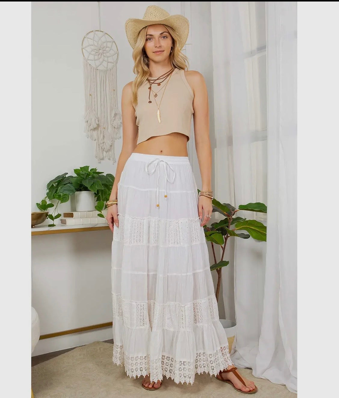 SK44107- Seven Tiered Crinkle Lace Patchwork Skirt with Pockets