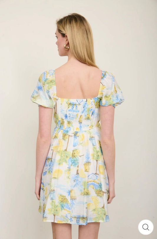 CR2916A Lemon Print Pleated Short Puff Sleeve Mini Dress