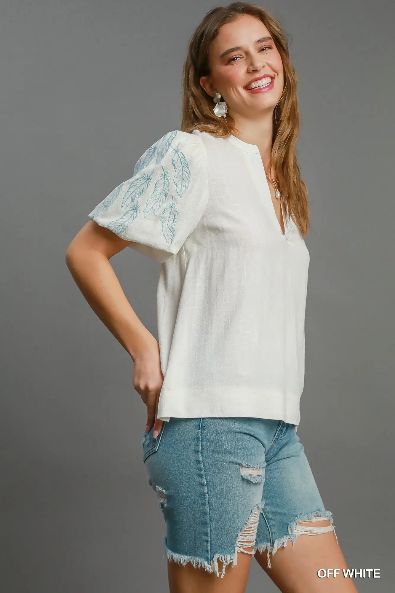 K9309 Linen Blend Embroidered Top