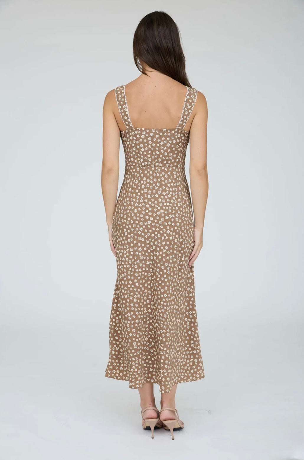 TW2161 Floral Sweetheart Neck Trim Detail Midi Dress