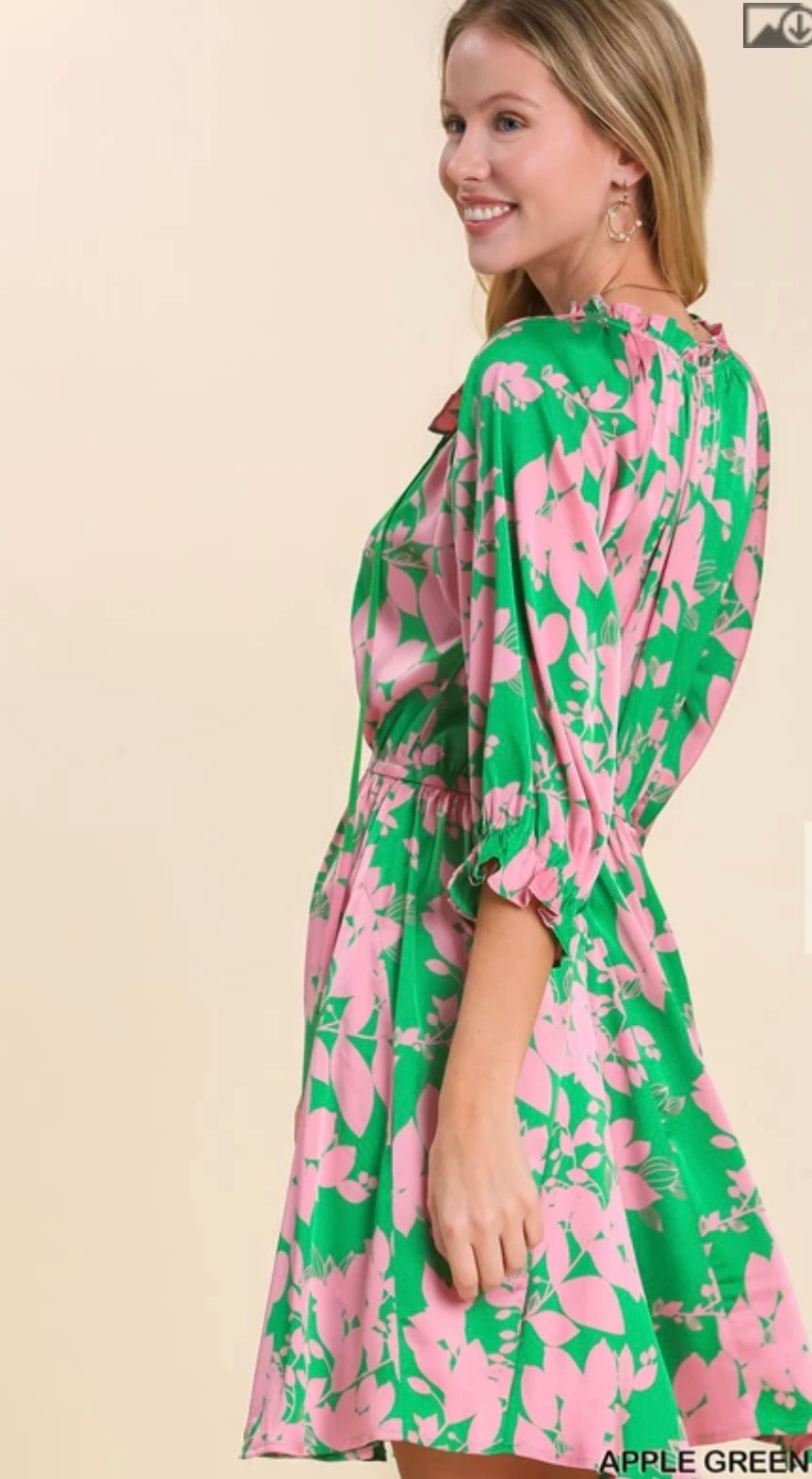 R0157 Graphic Floral Print Split Neck Dress with Neck Tie Detail, Ruffle Trim Neck Line & 3/4 Puff Sleeves