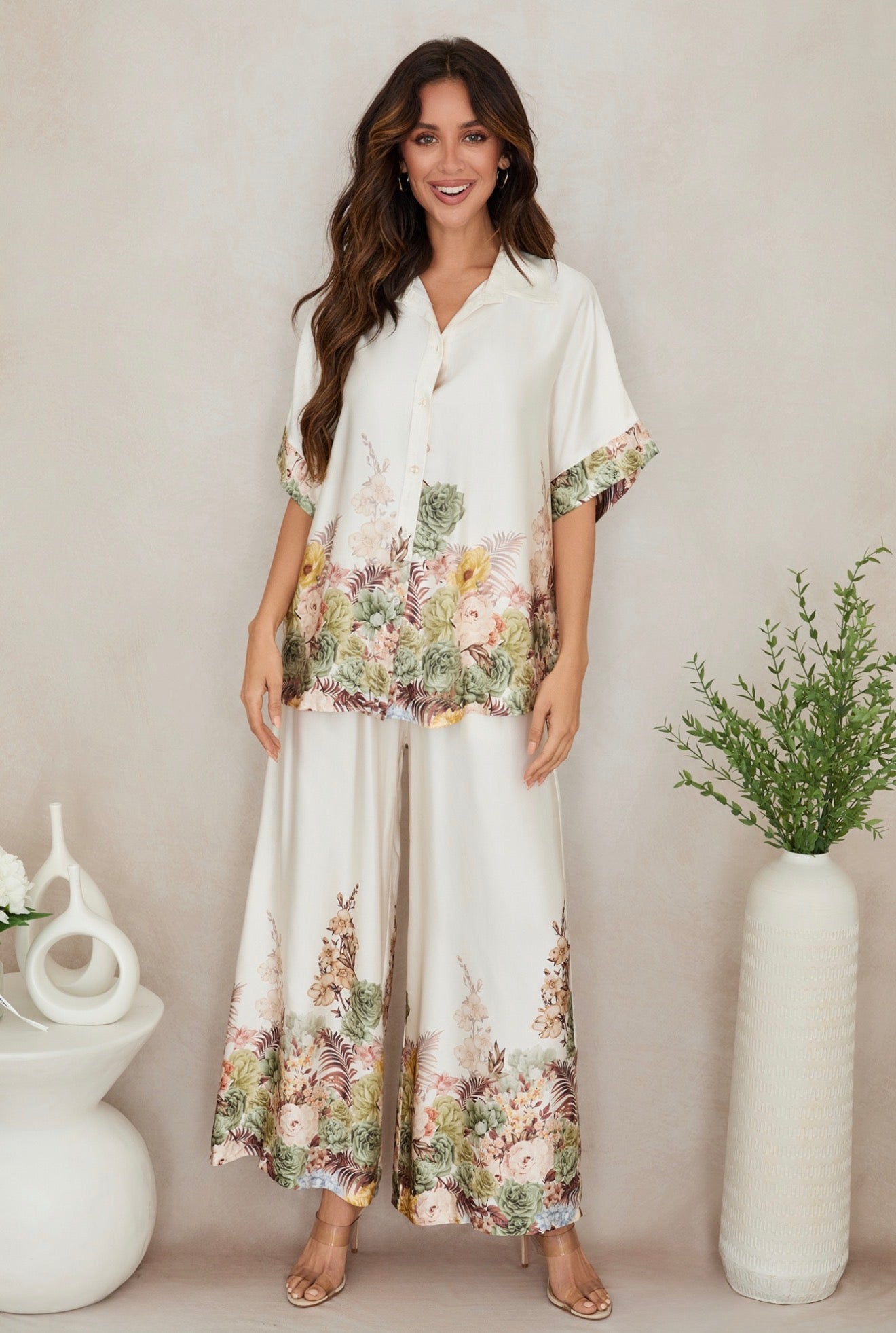 77008V007 Floral Silky Wide Leg Pants 77019