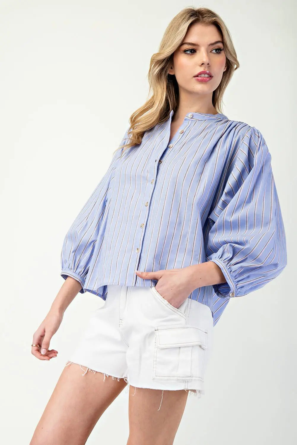 K11562 Striped 3/4 Sleeve Button Down Shirt