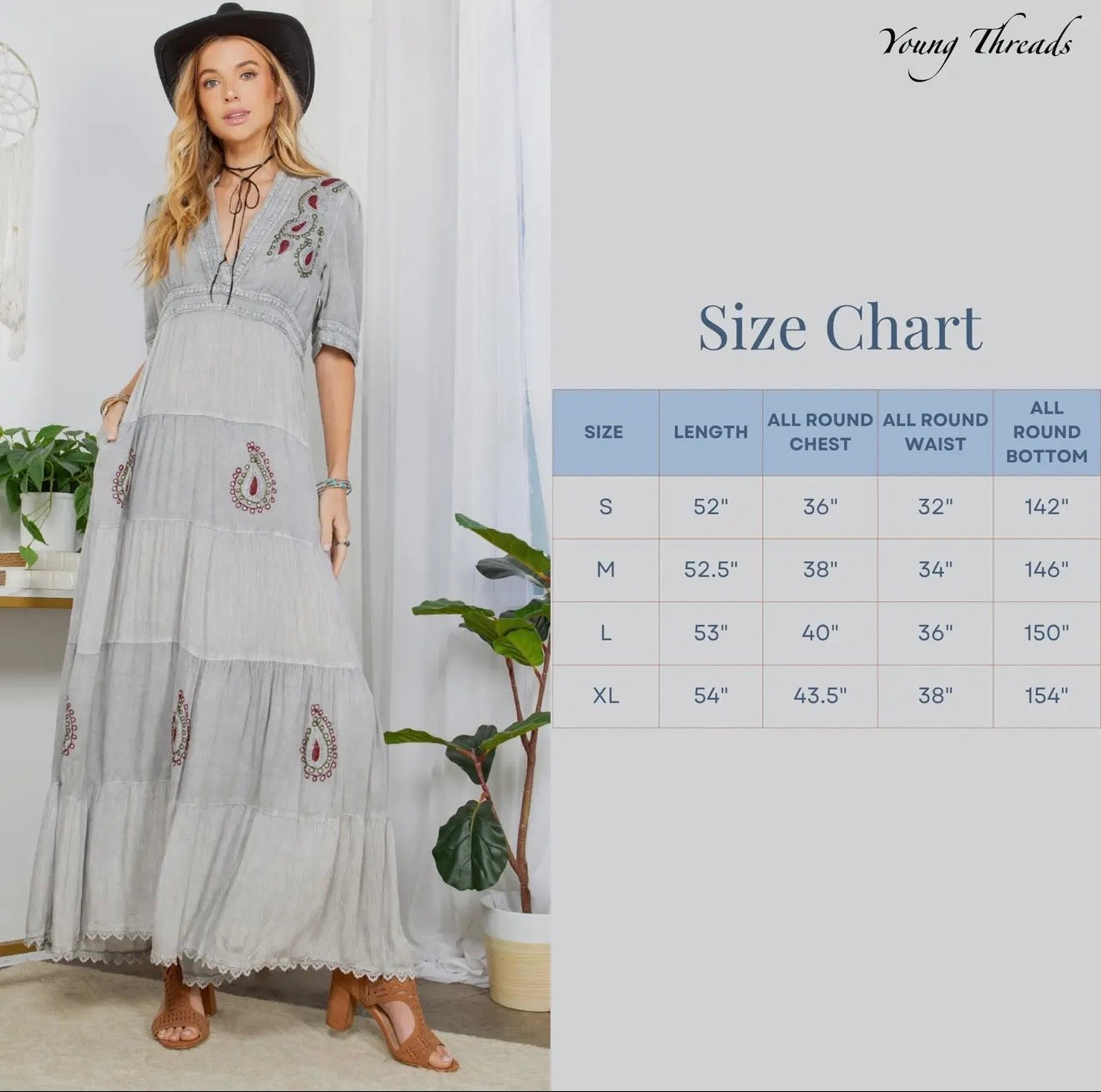 DR44607 Boho Gray Maxi Dress with Embroidered Accents