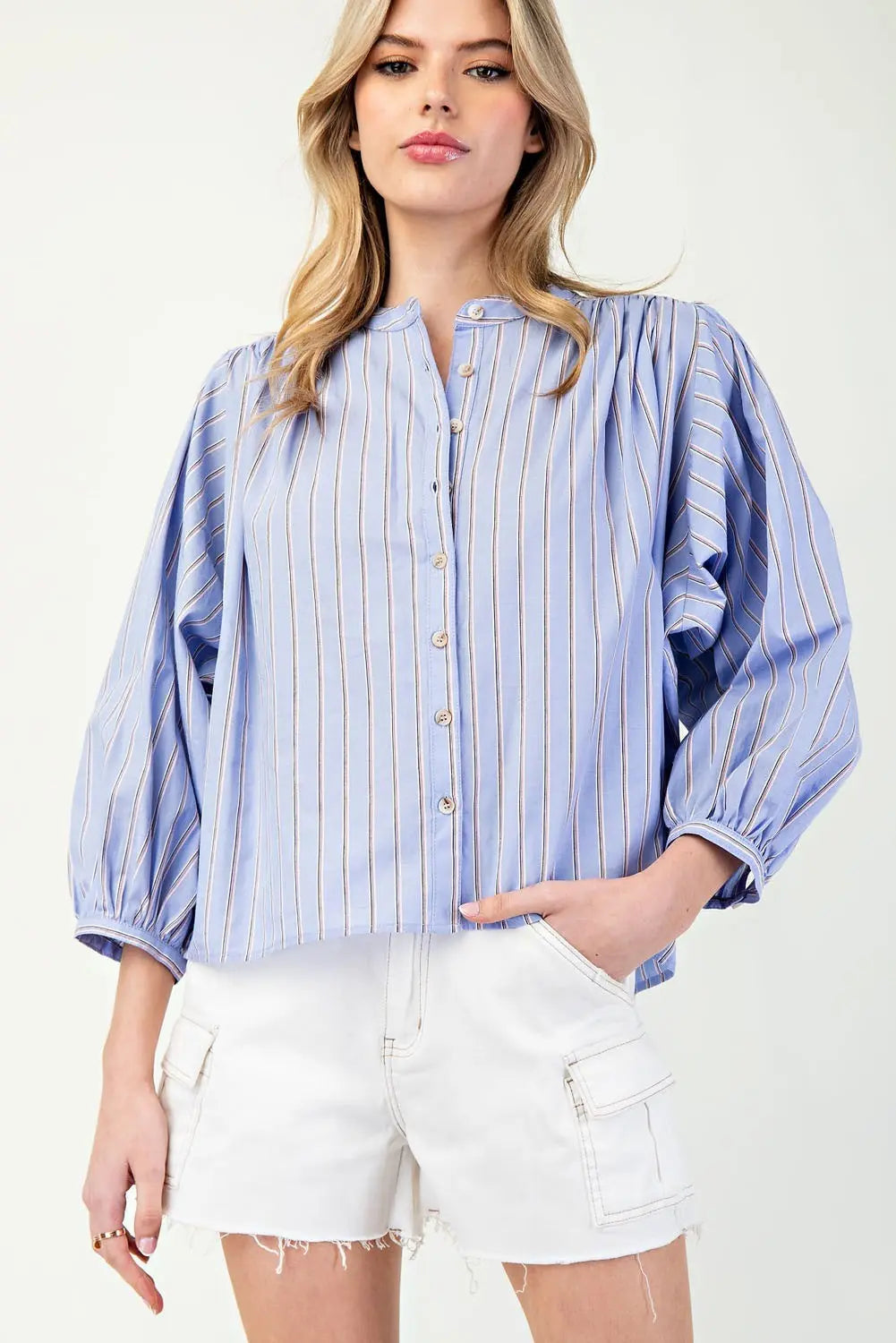 K11562 Striped 3/4 Sleeve Button Down Shirt