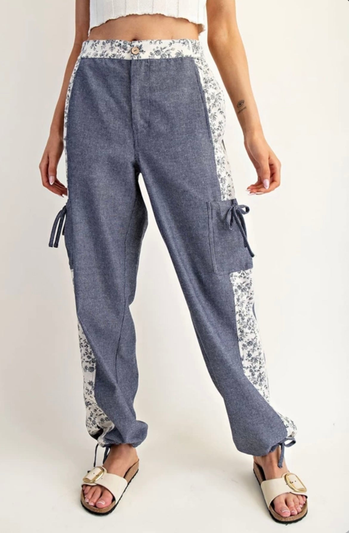 PH15041 Soft Washed Floral Striped Color Block Pants