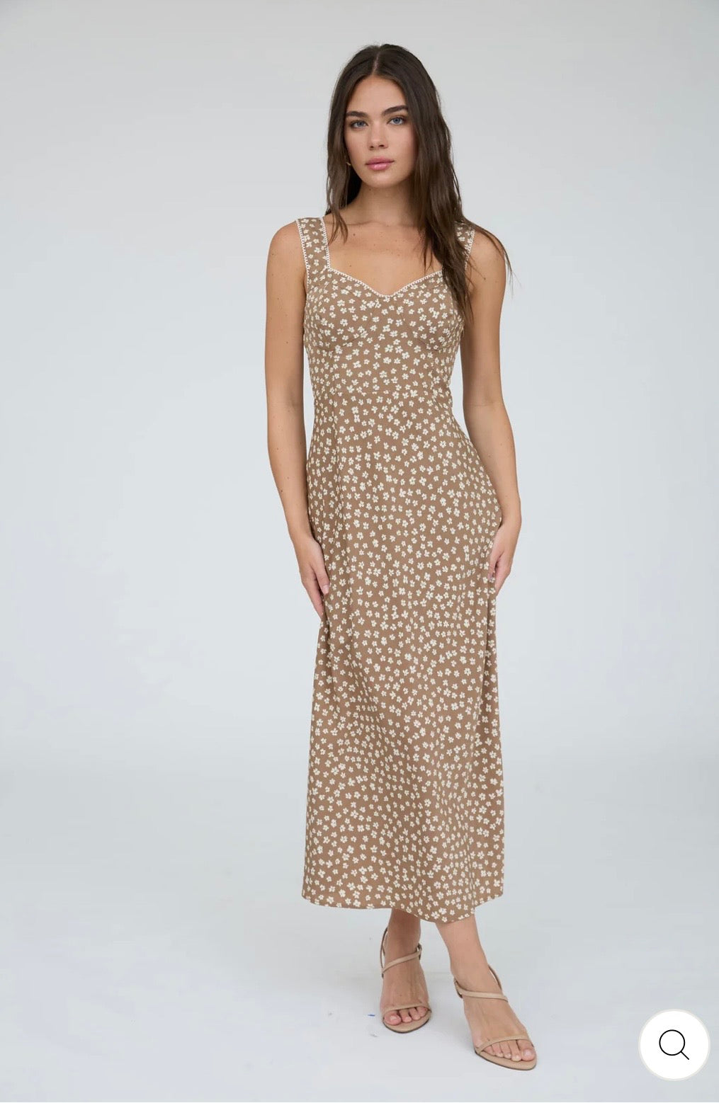 TW2161 Floral Sweetheart Neck Trim Detail Midi Dress
