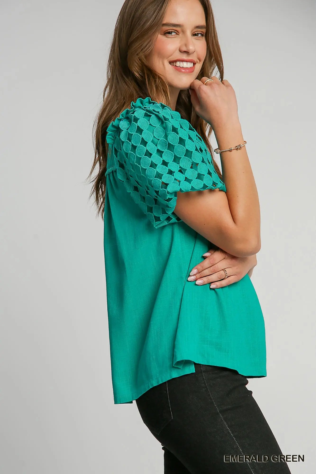 K8620 Linen Mixed Polka Dot Lace Top