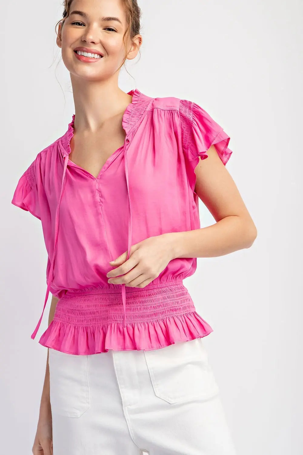 TK9815 SOLID SMOCKED SHORT SLEEVE TOP