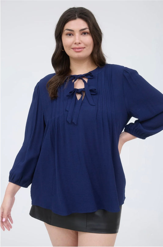 PTB8961 PLUS FRONT TIE PLEATED FRONT 3/4 SLEEVE TOP