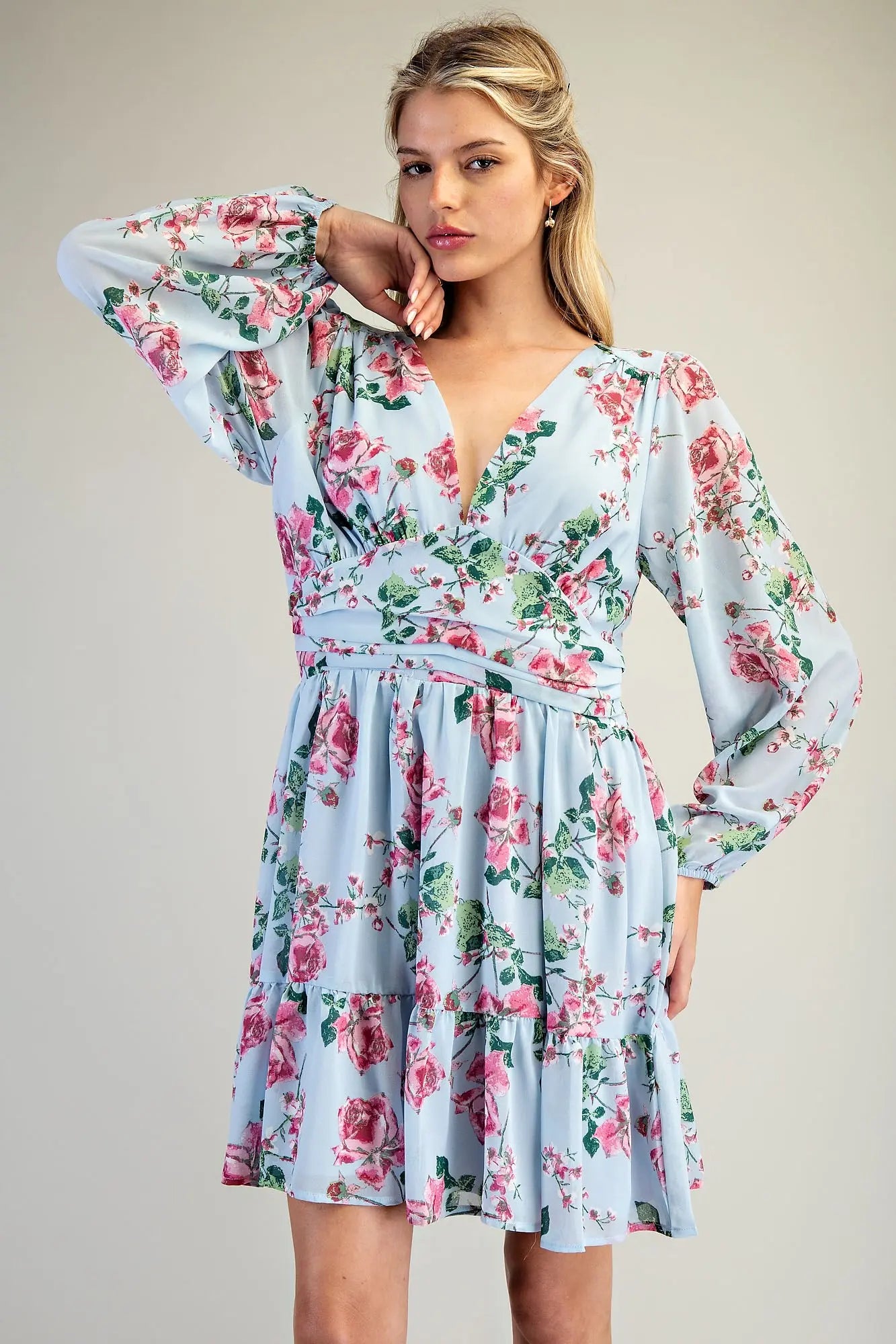 K7479 Floral Print V-Neck Dress