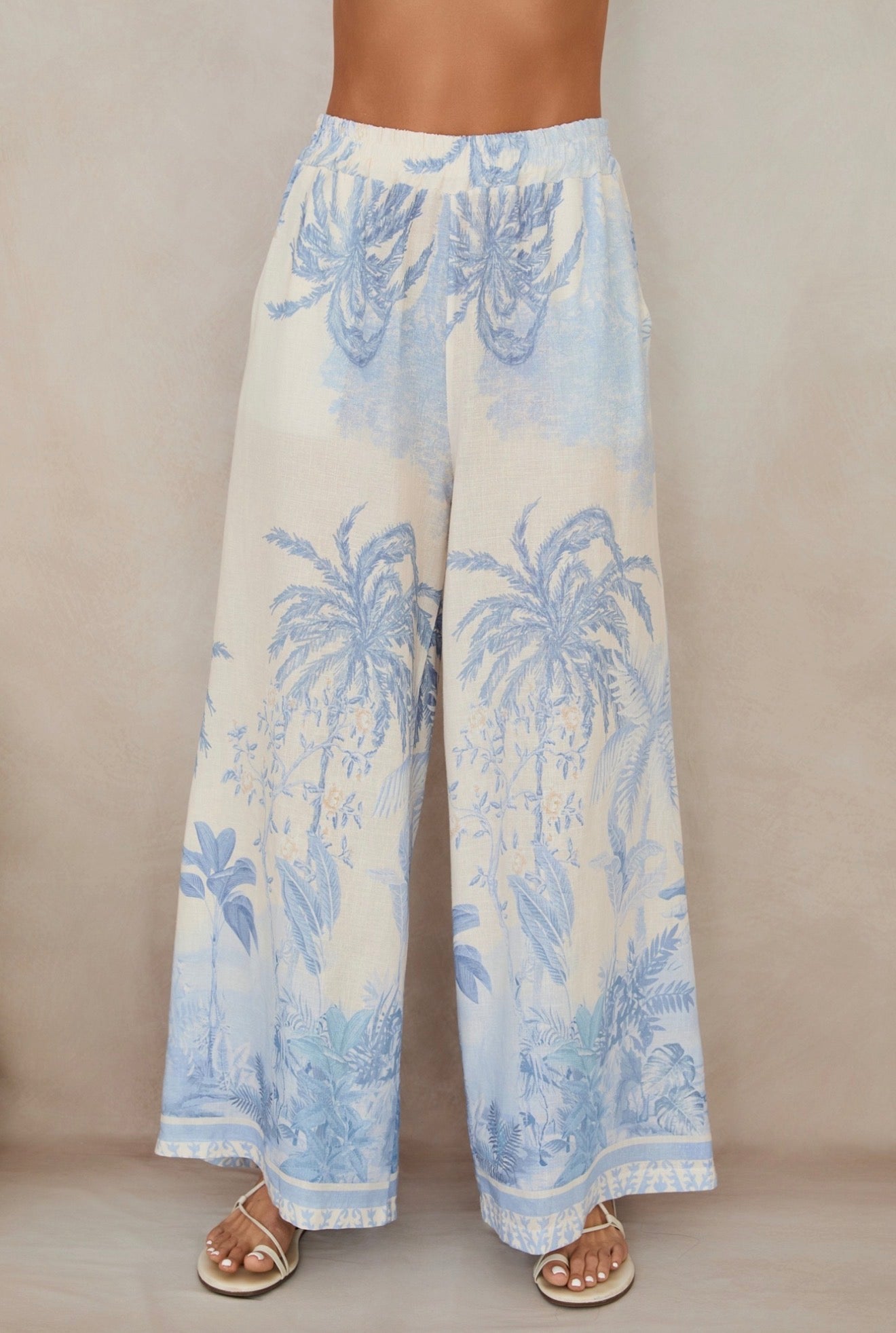 77008L001 Tropical Palm Tree Wide Leg Linen Pants