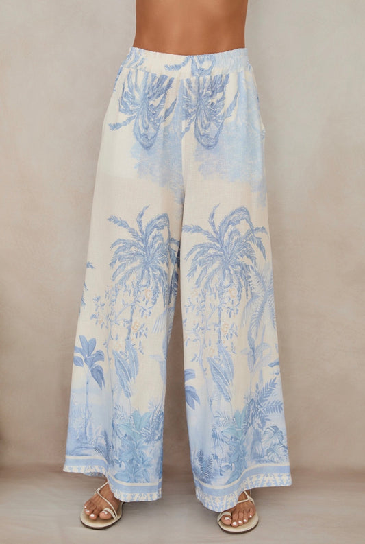 77008L001 Tropical Palm Tree Wide Leg Linen Pants