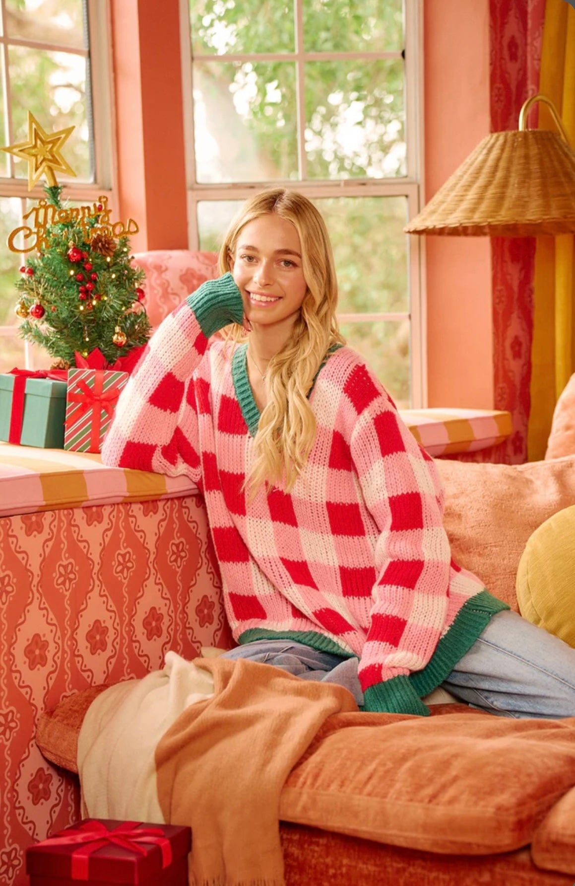 IT4786H-02 CHRISTMAS THEME CHECKER BOARD SWEATER TOP