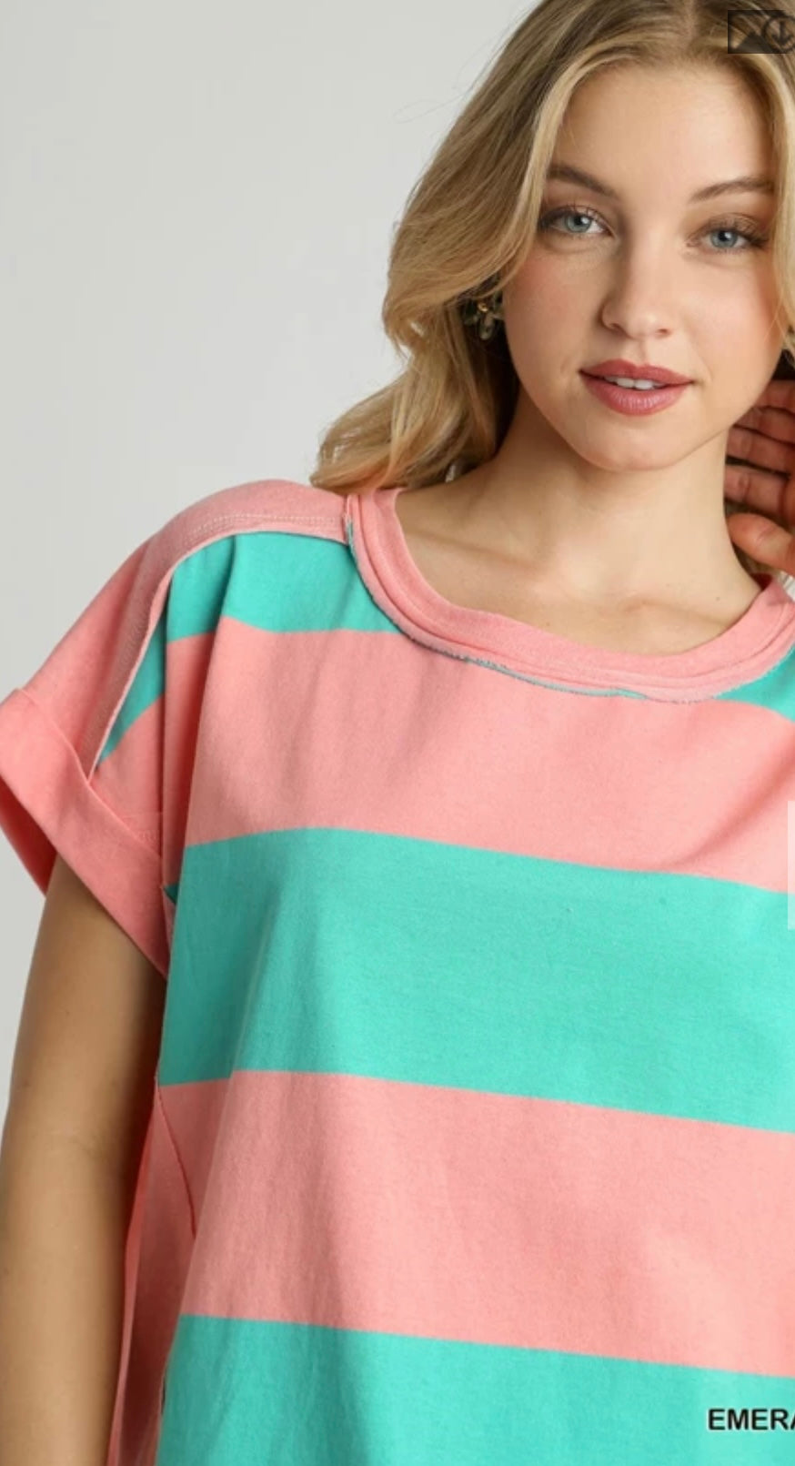 R0957 Stripped Color Block Round Neck Top, Folded Short Sleeves