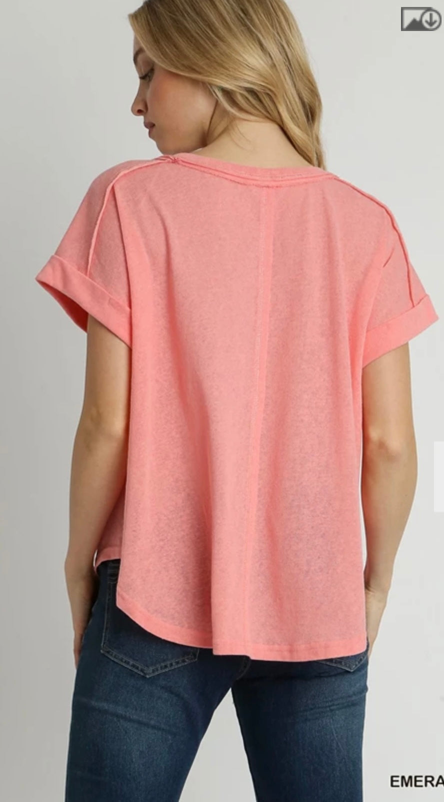 R0957 Stripped Color Block Round Neck Top, Folded Short Sleeves