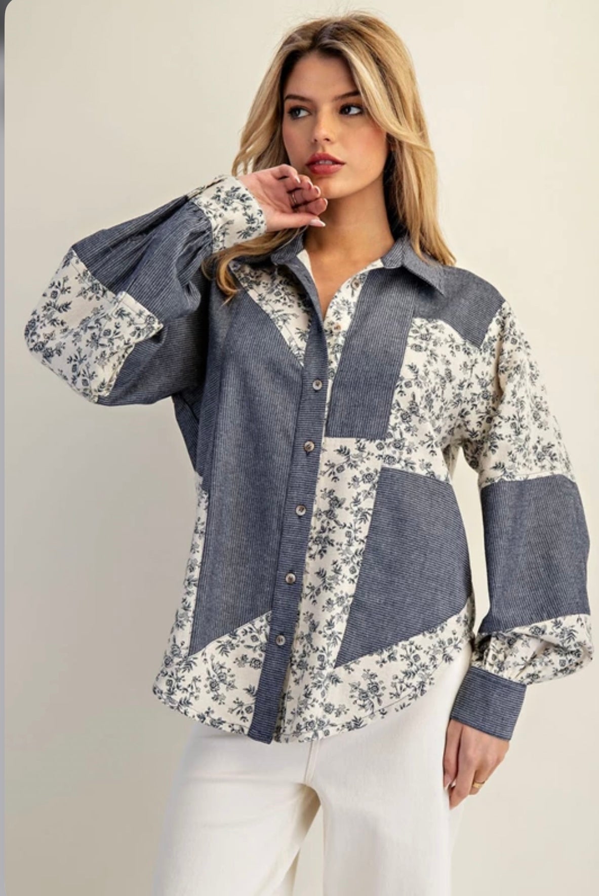 TY13137 Color Block Button Down Denim Shirt
