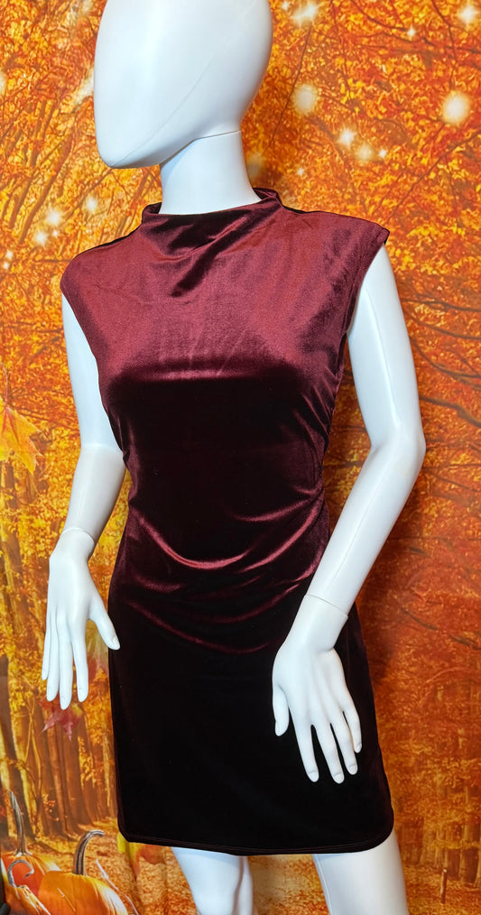 TWS1158 VELVET MOCK NECK SLEEVELESS MINI DRESS - RED WOOD