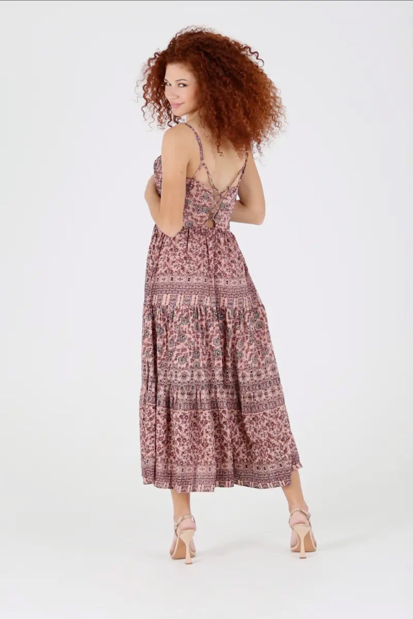 F4E88 Overdye Tie Neck Strappy Back Tiered Skirt Maxi Dress