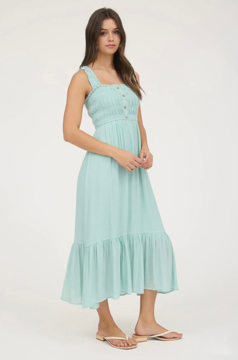 CR2587 SHIRRED BUTTON FRONT SLEEVELESS MIDI DRESS