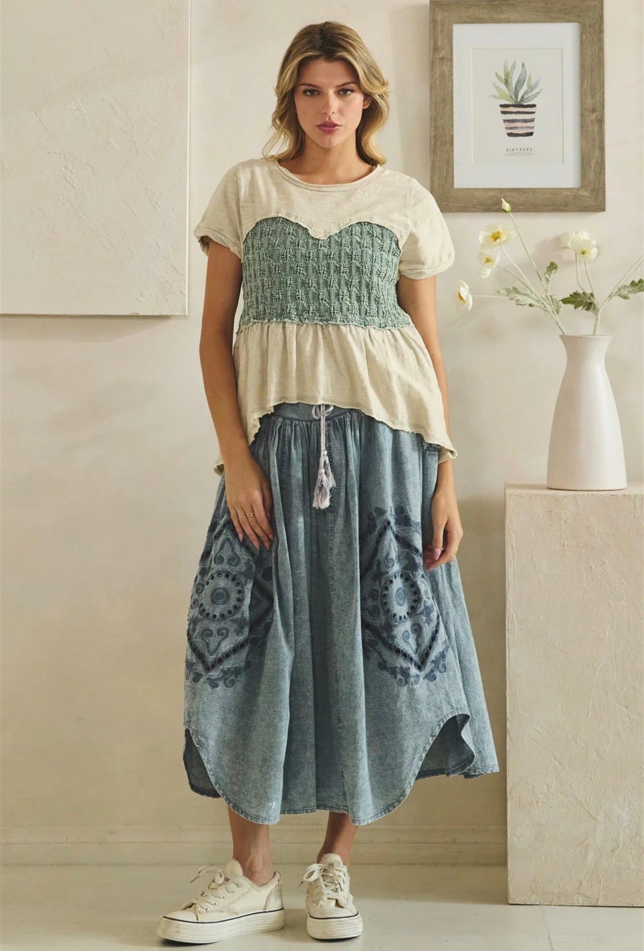 JT0979 Washed Smocked Peplum Top