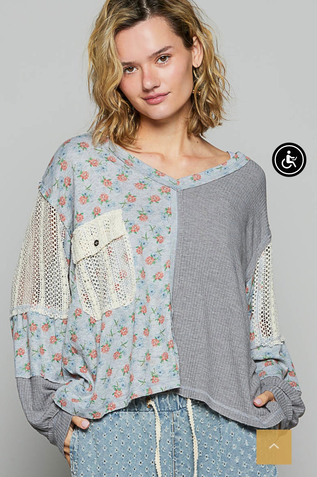 SMT2767 Designed in V-neck long sleeve roomy fit top in ribbed jersey with contrast fabric paneling