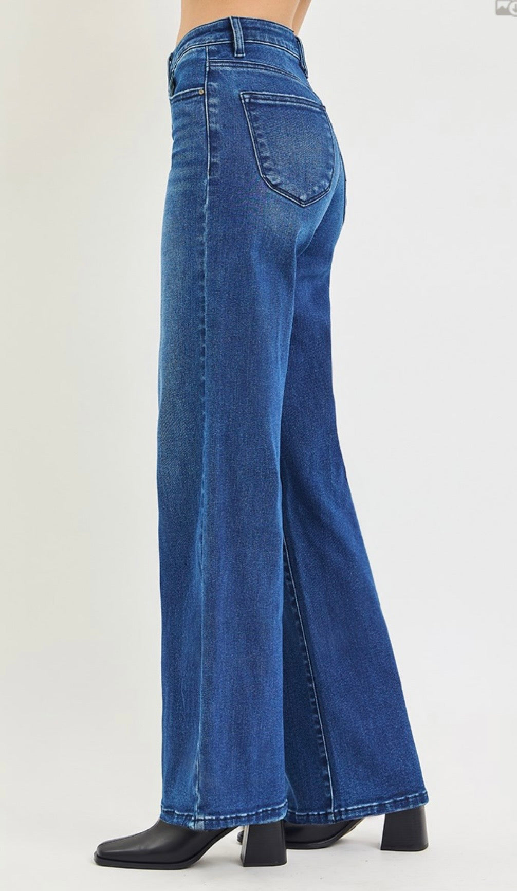 Risen Jeans-High Rise Wide Leg Jeans with Tummy Control and Shield Shaped Pockets