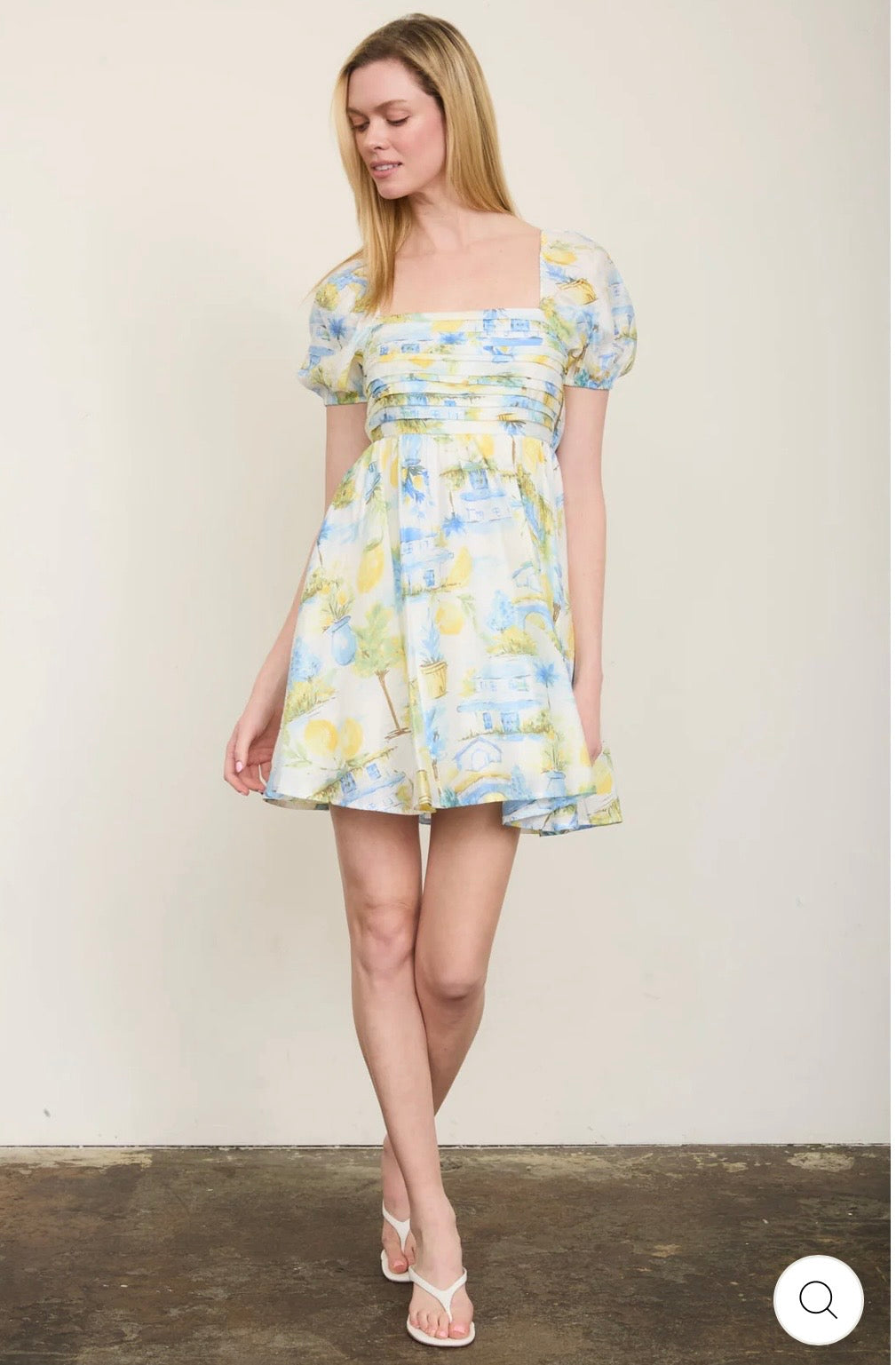CR2916A Lemon Print Pleated Short Puff Sleeve Mini Dress