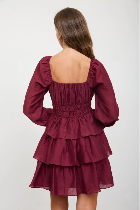CR3116 SMOCKED BISHOP SLEEVE TIERED MINI DRESS