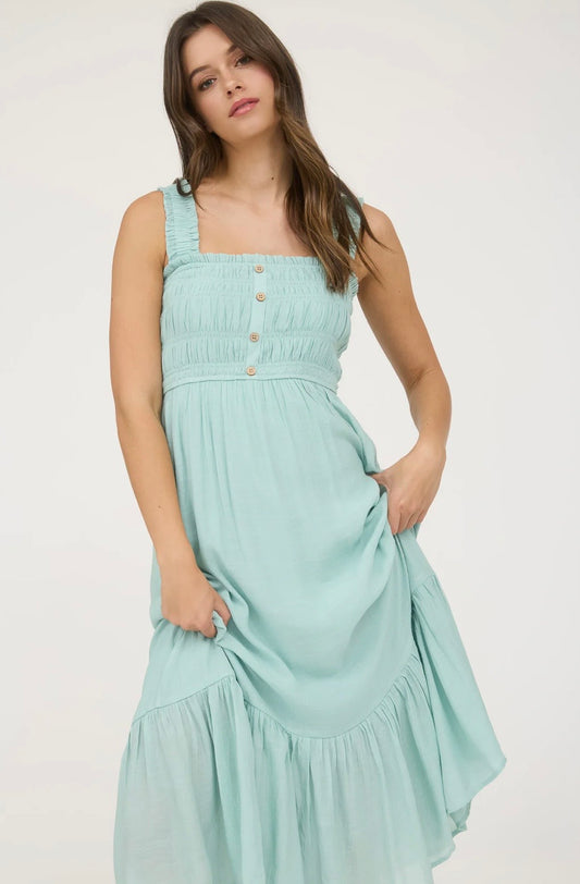 CR2587 SHIRRED BUTTON FRONT SLEEVELESS MIDI DRESS