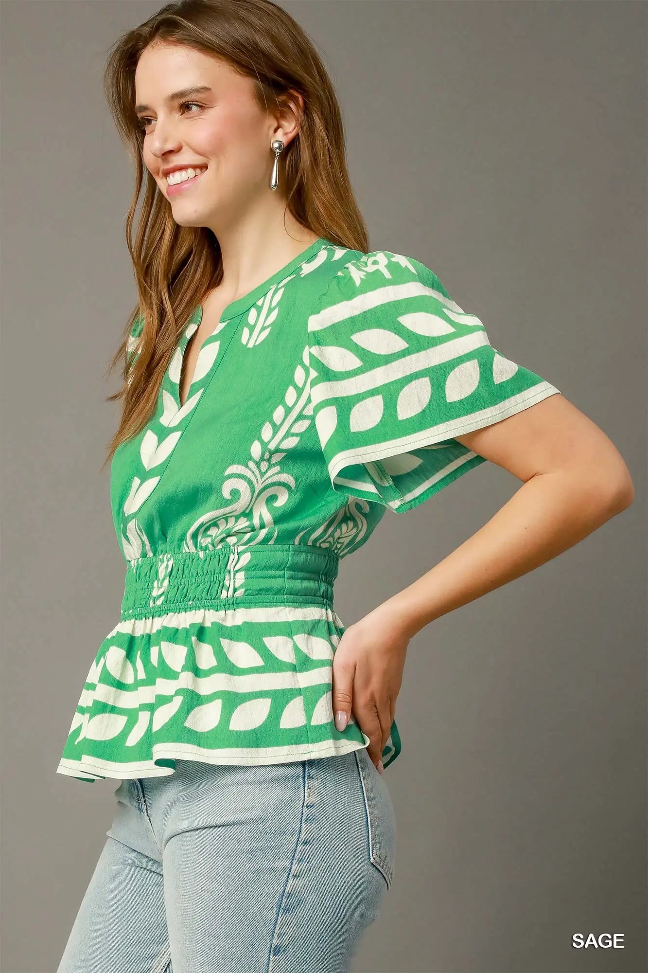 K0207 Boho Peplum Smocked Waist Blouse