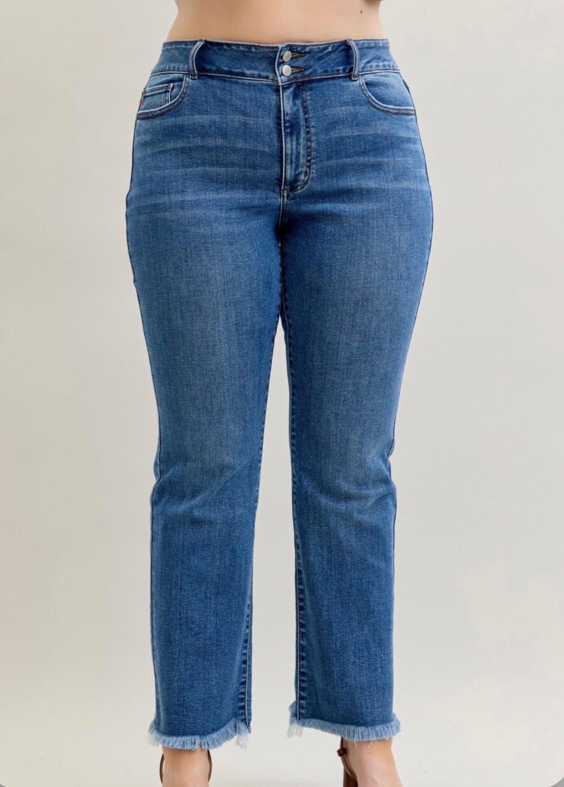 82686PL High Waist Bootcut Double Button WB & Fray Hem