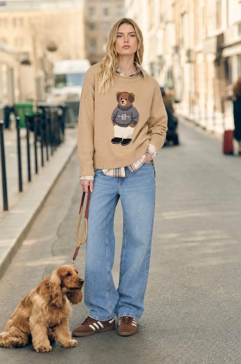 J6FT1016 TEDDY BEAR CREW NECK INTARSIA KNIT SWEATER