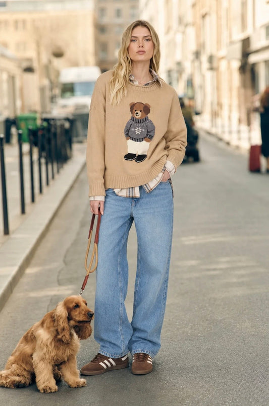 J6FT1016 TEDDY BEAR CREW NECK INTARSIA KNIT SWEATER