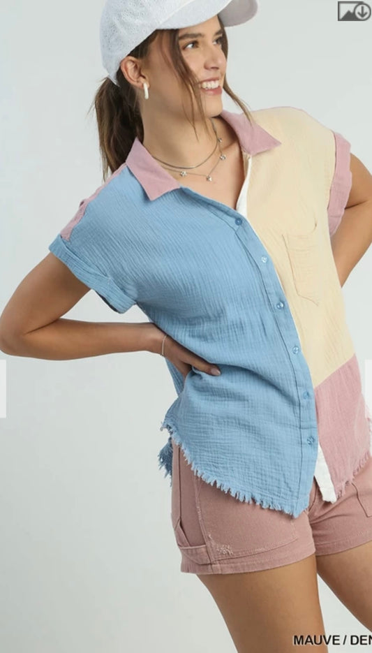 A0190 Color Block Gauze Button Up Short Folded Sleeve Top with Chest Pocket and Frayed Hemline