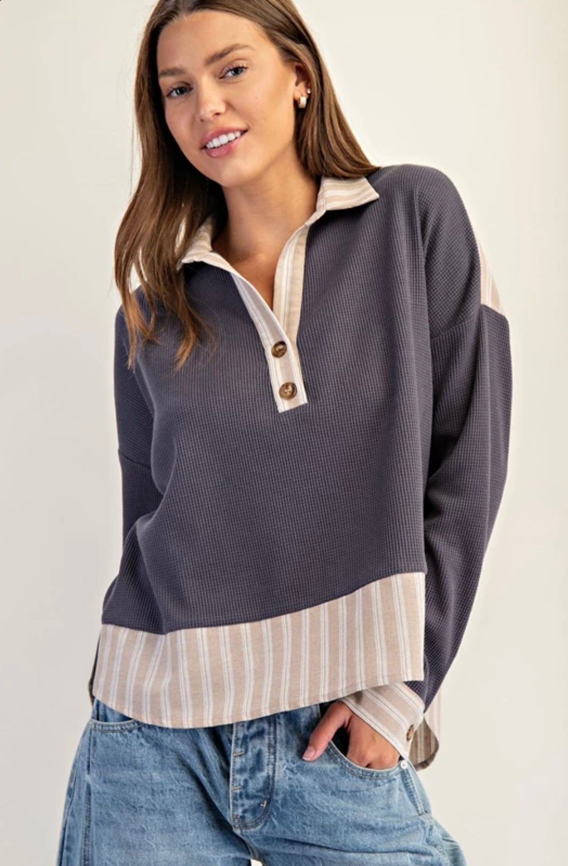 TK14113 Striped Contrast Trim Waffle Knit Collared Top