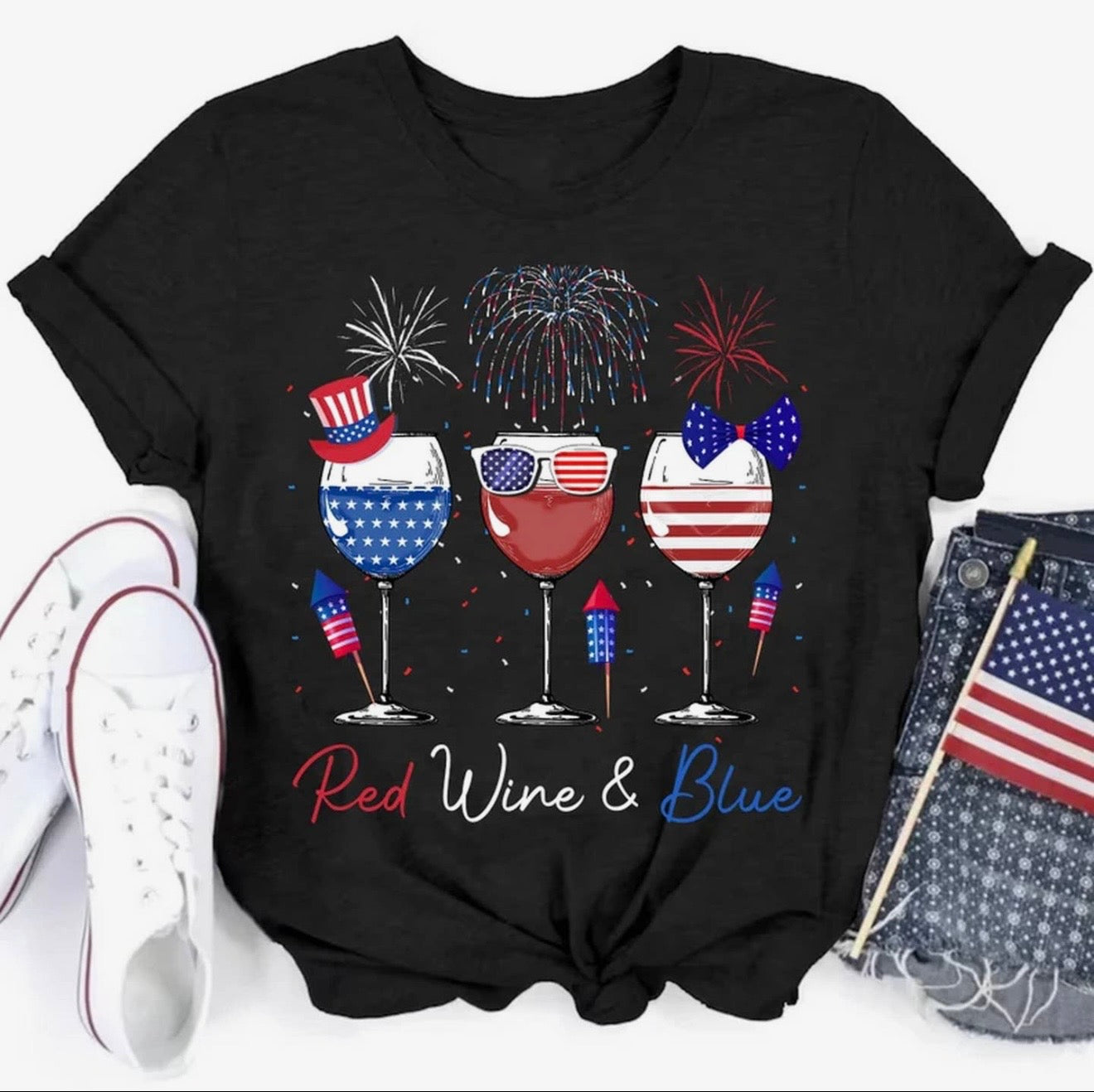 RWB0704 Red Wine & Blue 4th of July T-Shirt Patriotic Wine Glasses