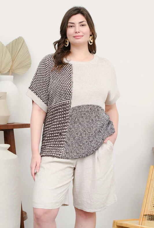 PB5ST1047 PLUS MULTI PATTERN COLORBLOCK SHORT SLEEVE SWEATER