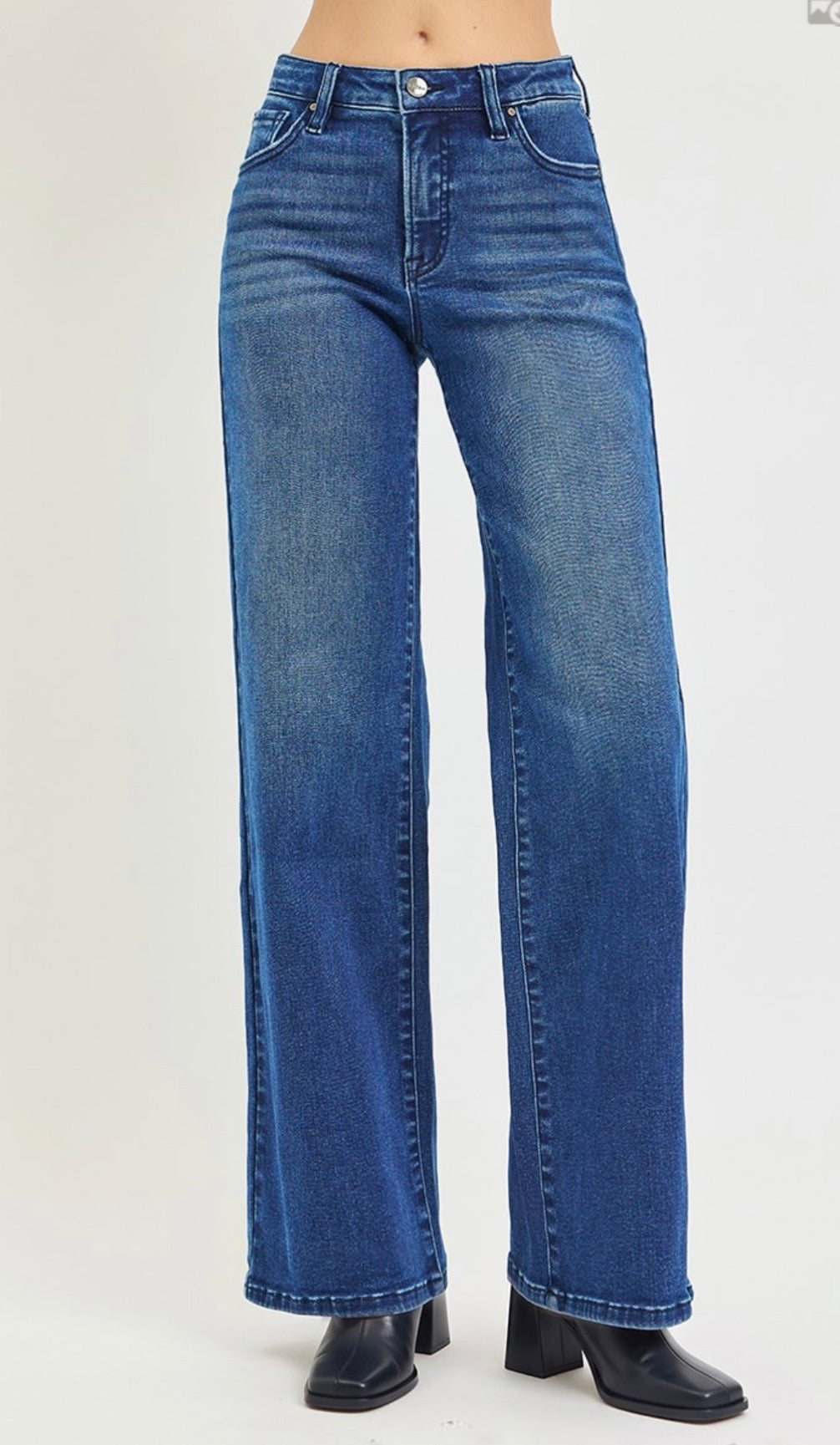 Risen Jeans-High Rise Wide Leg Jeans with Tummy Control and Shield Shaped Pockets
