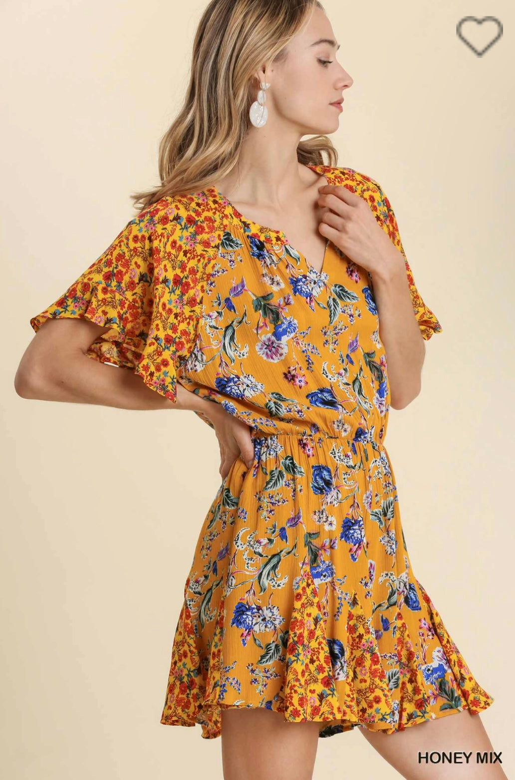 M6011 Floral Mixed Print Split Neck Ruffle Sleeve Romper-Honey Mix