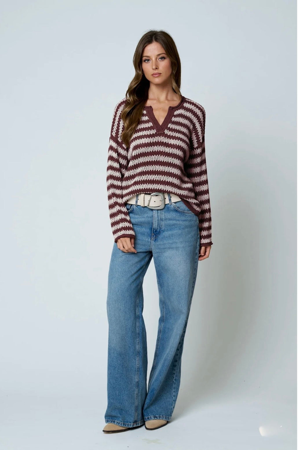 B6FT1030B STRIPE RAW EDGE SPLIT NECK SHEER KNIT SWEATER