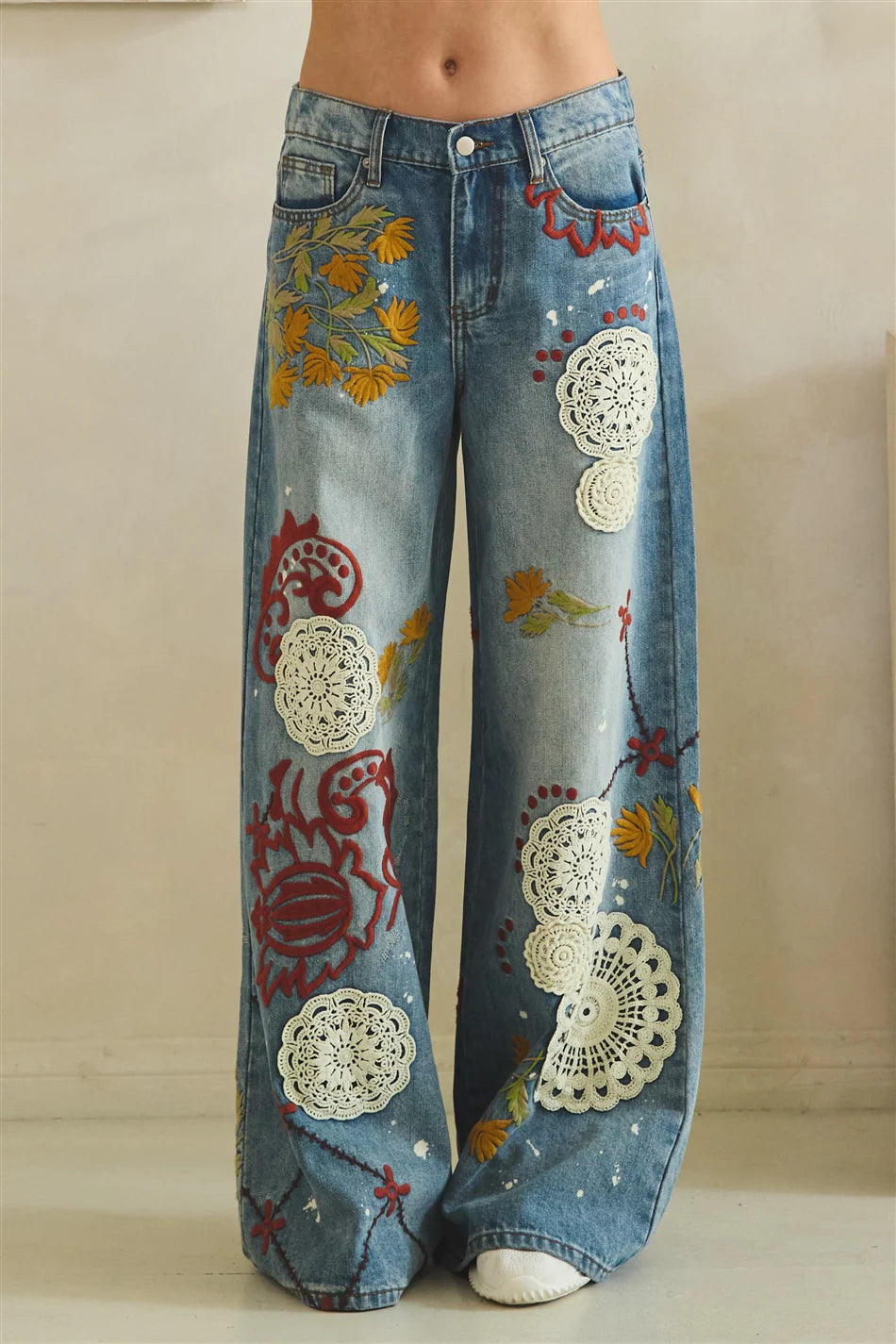 BP1190 Washed Embroidery Wide Leg Denim Jeans
