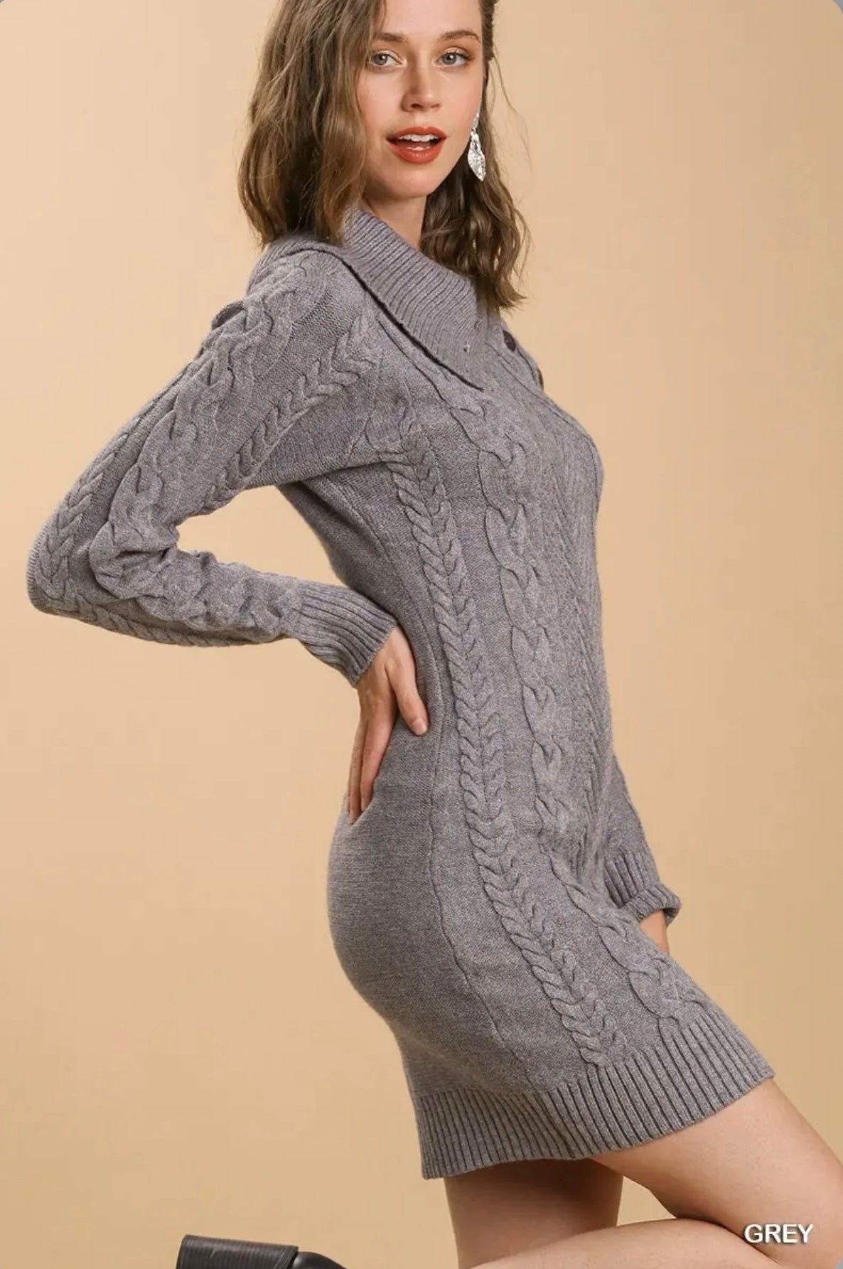 A0366 Cable Knit Sweater Dress with Adjustable Turtle Neck