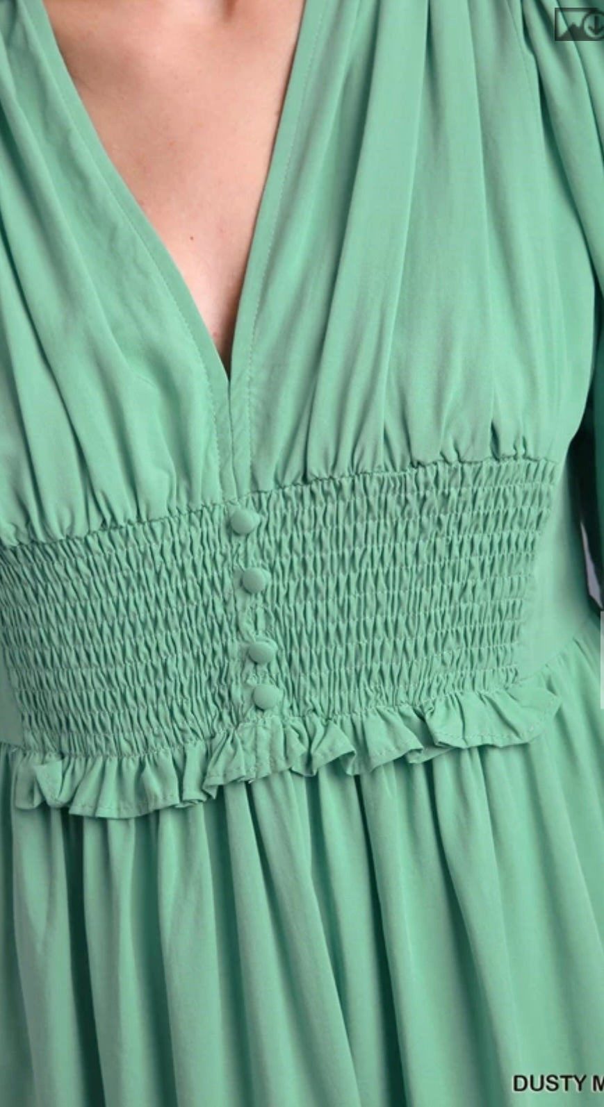 R0274 Short-sleeved Tiered Dress featuring a Deep V-Neck and Smocked Waist.