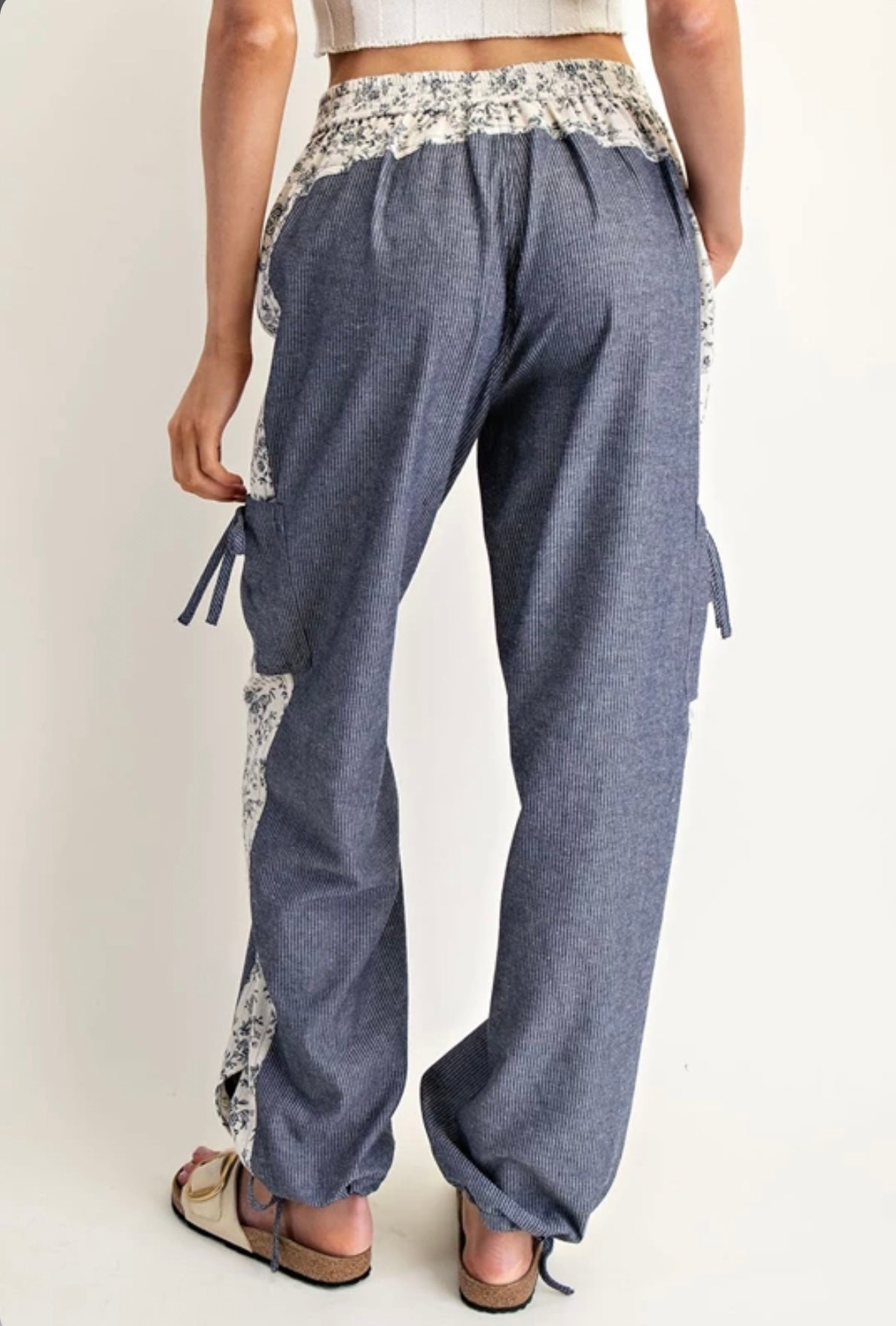 PH15041 Soft Washed Floral Striped Color Block Pants