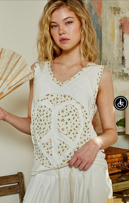 UKT288 V-neck sleeveless regular fit top in rib with outseam printed double gauze band, heart with peace patch